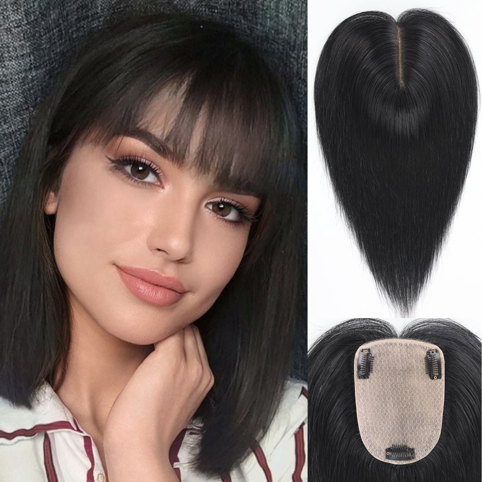 starluck Human Hair Toppers for Women Real Human Hair No Bangs 4 * 5.5 inch Base 12 inch SilkHug Hair Topper for Women Cover Grey Roots