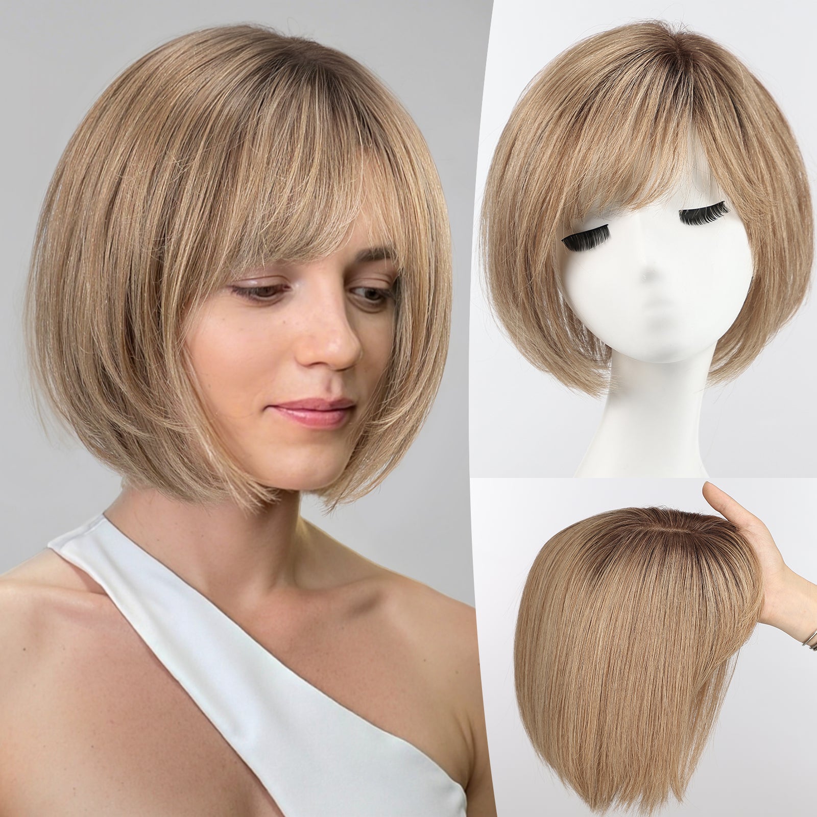starluck Hair Topper for Women Real Human Hair, 6.5x6.5 inch Base Bob with Bangs Side Part SilkHug Human Hair Topper for Women with ThinngHair Cover Gray Roots