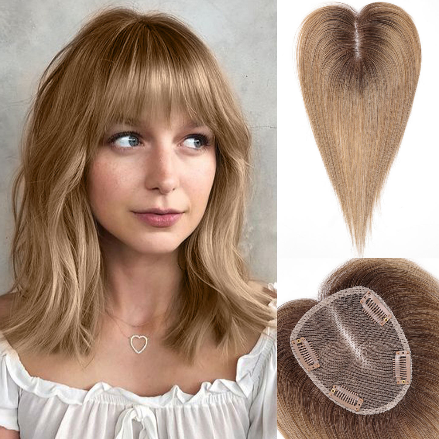 starluck Hair Toppers for Women Real Human Hair With Bangs, 100% Remy Human Hair Toppers for Women Hand-woven with Thinning Hair,Cover Gray Hair Roots,Adds Hair Volume