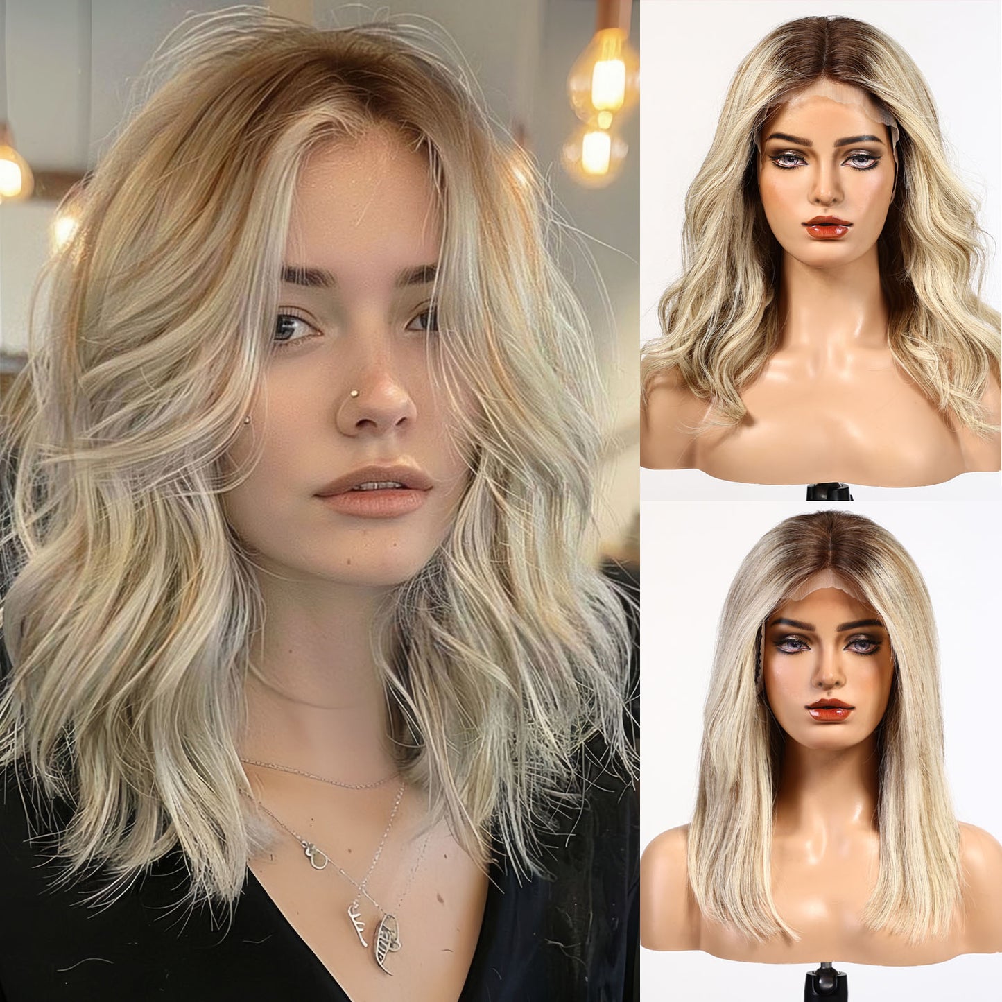 starluck Mixed Blonde 12"×3.5"Wigs Human Hair Lace Front Wigs Human Hair for White Women Pelucas De Mujer Pelo Humano 16 Inch Wavy Realistic and Natural Daily Wear