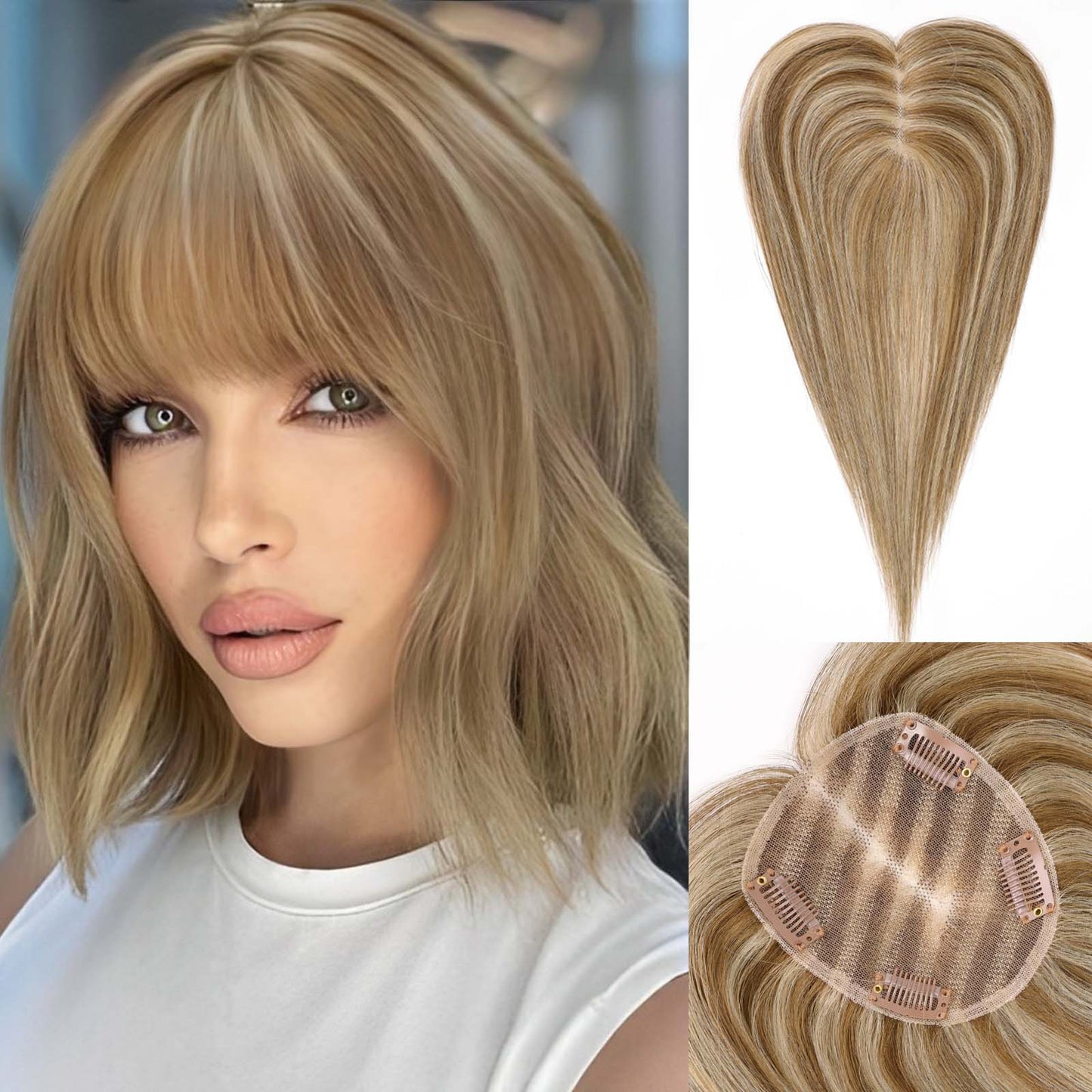 starluck Hair Toppers for Women Real Human Hair With Bangs, 100% Remy Human Hair Toppers for Women Hand-woven with Thinning Hair,Cover Gray Hair Roots,Adds Hair Volume