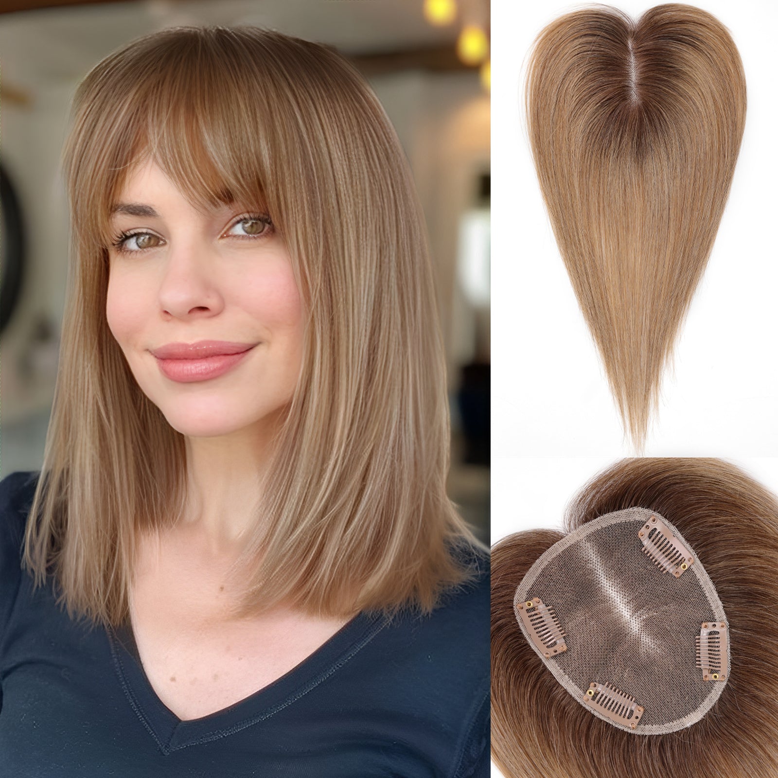 starluck Hair Toppers for Women Real Human Hair With Bangs, 100% Remy Human Hair Toppers for Women Hand-woven with Thinning Hair,Cover Gray Hair Roots,Adds Hair Volume