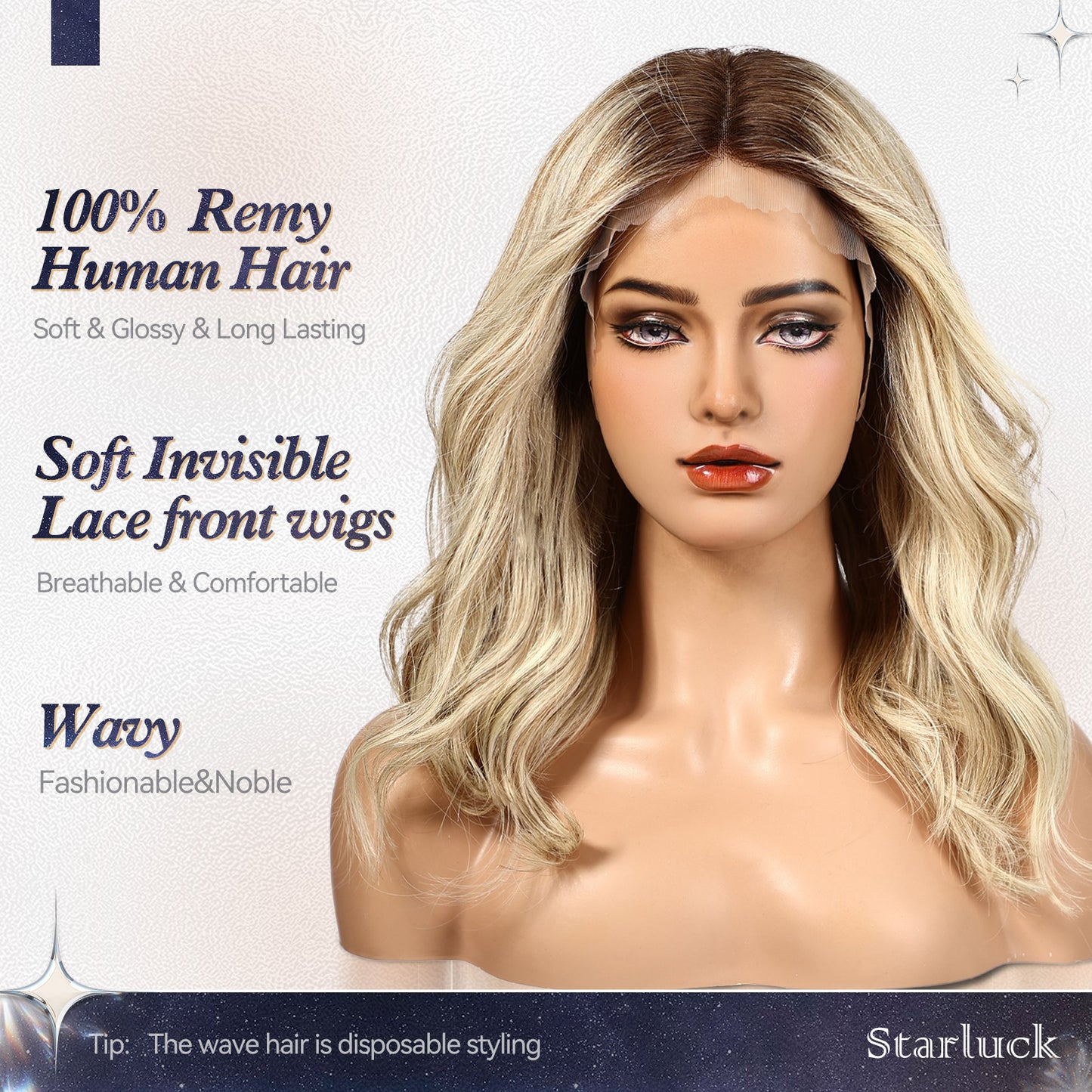 starluck Mixed Blonde 12"×3.5"Wigs Human Hair Lace Front Wigs Human Hair for White Women Pelucas De Mujer Pelo Humano 16 Inch Wavy Realistic and Natural Daily Wear