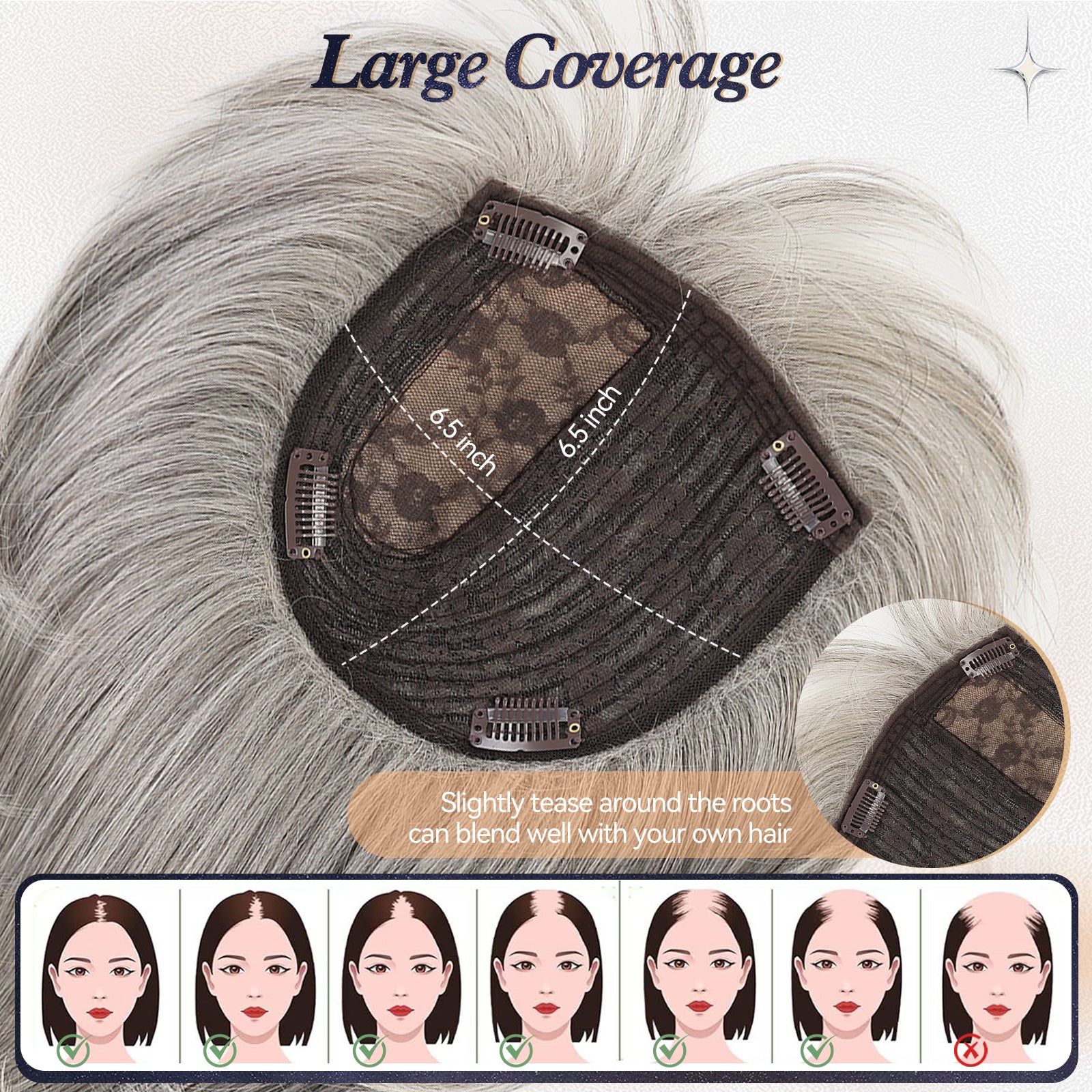 starluck Hair Topper for Women Real Human Hair, 6.5x6.5 inch Base Bob with Bangs Side Part SilkHug Human Hair Topper for Women with ThinngHair Cover Gray Roots