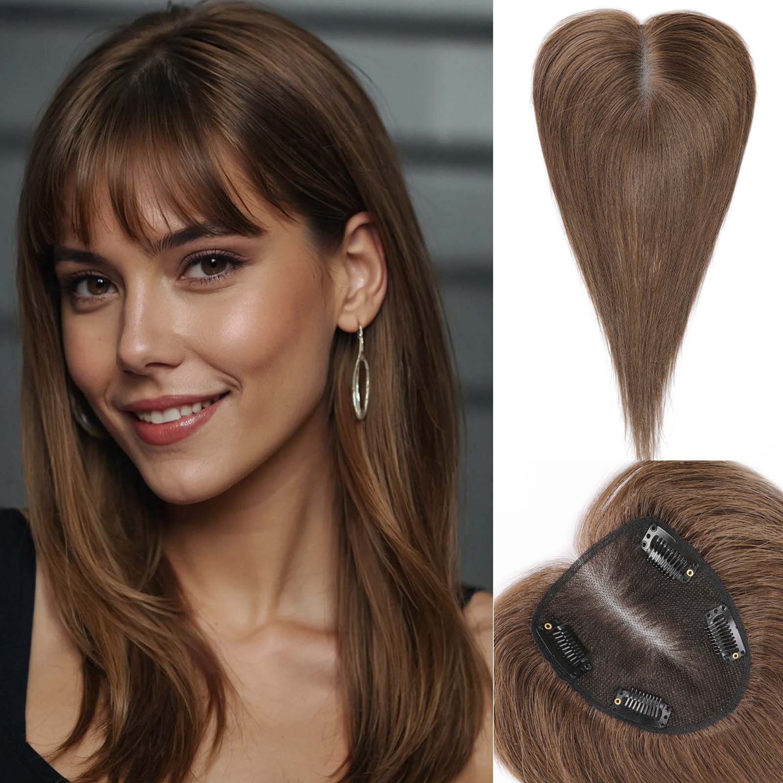 starluck Hair Toppers for Women Real Human Hair With Bangs, 100% Remy Human Hair Toppers for Women Hand-woven with Thinning Hair,Cover Gray Hair Roots,Adds Hair Volume