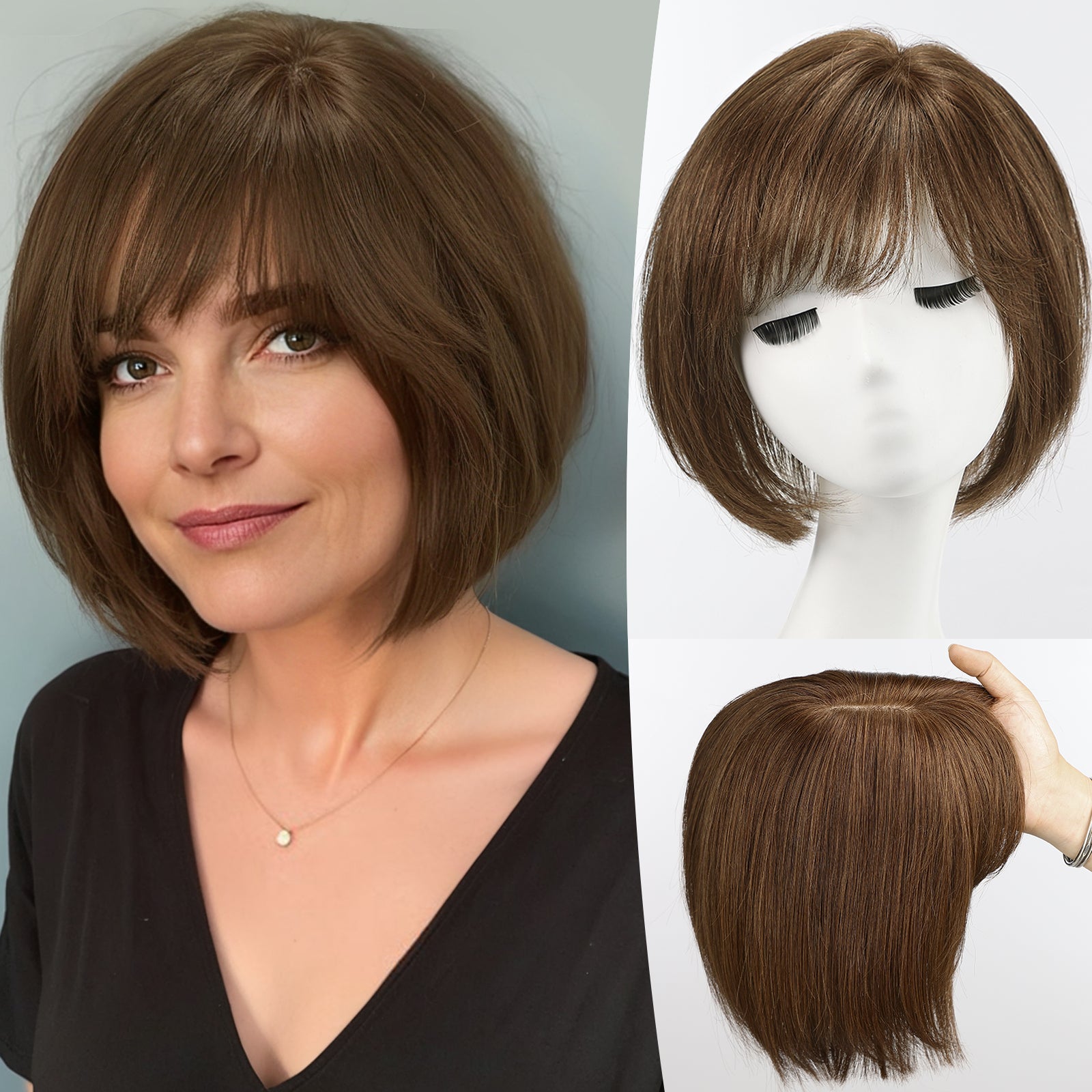 starluck Hair Topper for Women Real Human Hair, 6.5x6.5 inch Base Bob with Bangs Side Part SilkHug Human Hair Topper for Women with ThinngHair Cover Gray Roots