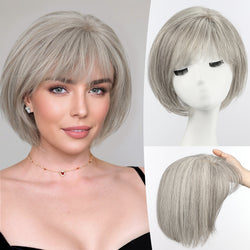 Image of starluck Hair Topper for Women Real Human Hair, 6.5x6.5 inch Base Bob with Bangs Side Part SilkHug Human Hair Topper for Women with ThinngHair Cover Gray Roots