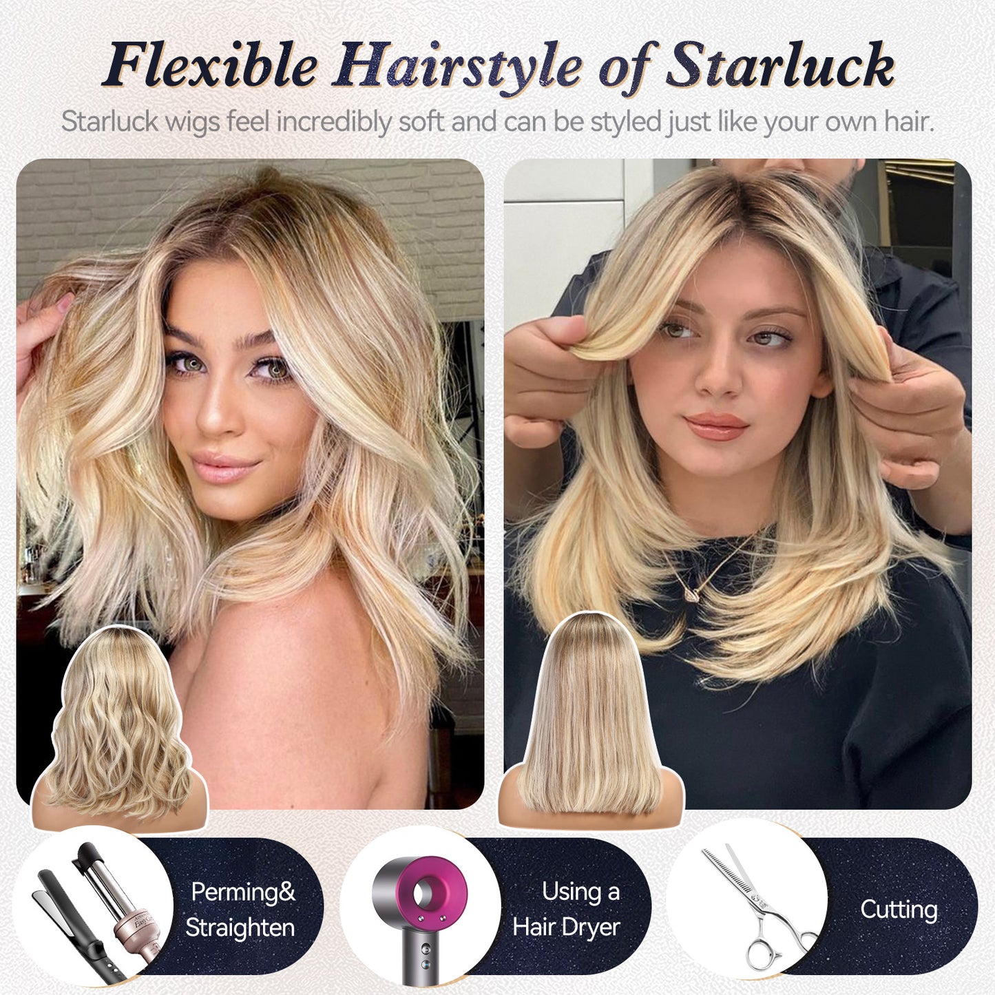 starluck Mixed Blonde 12"×3.5"Wigs Human Hair Lace Front Wigs Human Hair for White Women Pelucas De Mujer Pelo Humano 16 Inch Wavy Realistic and Natural Daily Wear