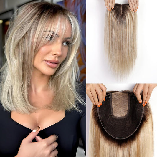 starluck 16 inch Hair Toppers for Women 9"*9" Large Base Real Human Hair Topper with Bangs Hair Toppers for Women with Thinning Hair Cover Grey Hair Roots Add Volume