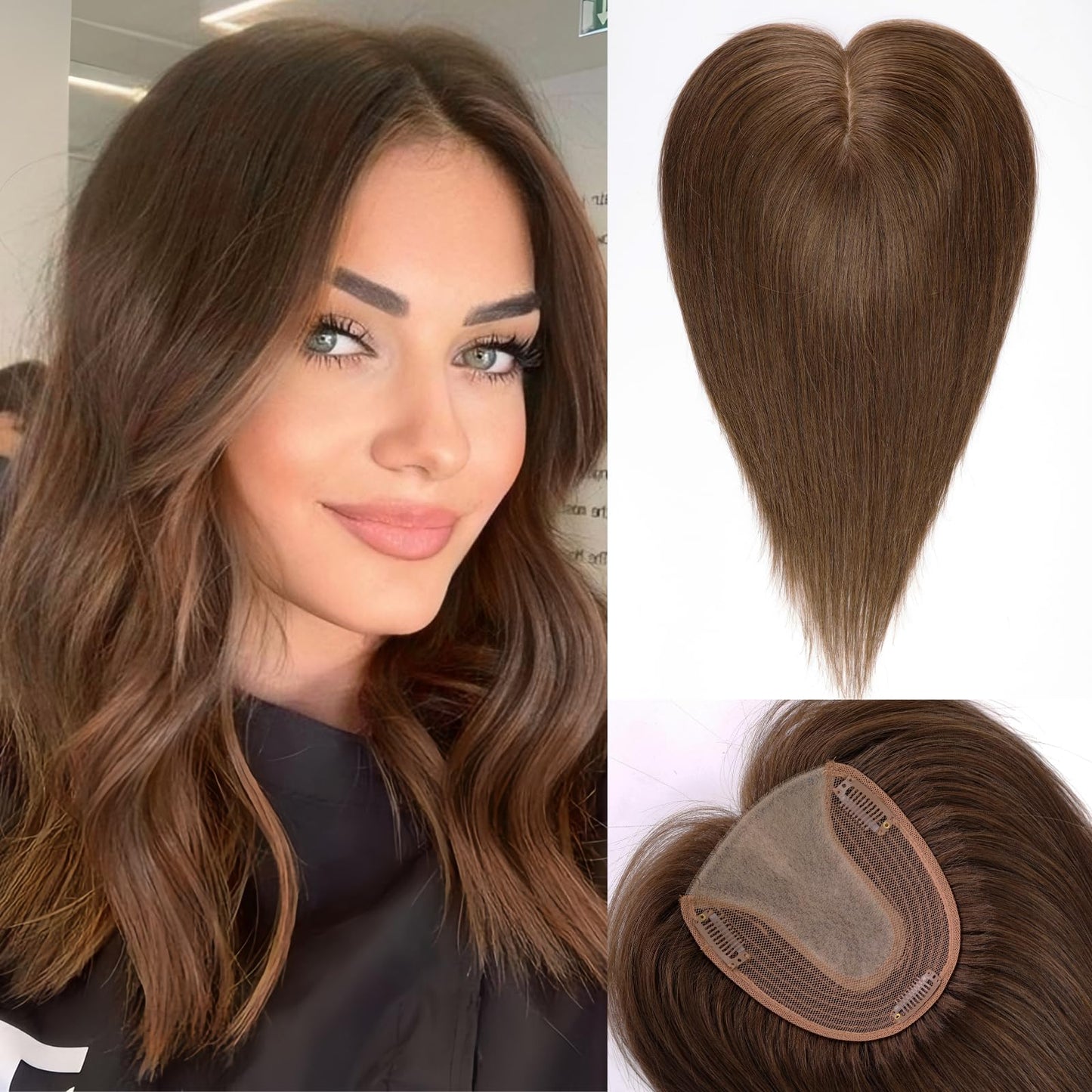 starluck Hair Toppers for Women 14 inch Real Human Hair Topper No Bangs 5"*5.5" Base Medium Brown Hair Toppers for Women with Thinning Hair Cover Grey Hair