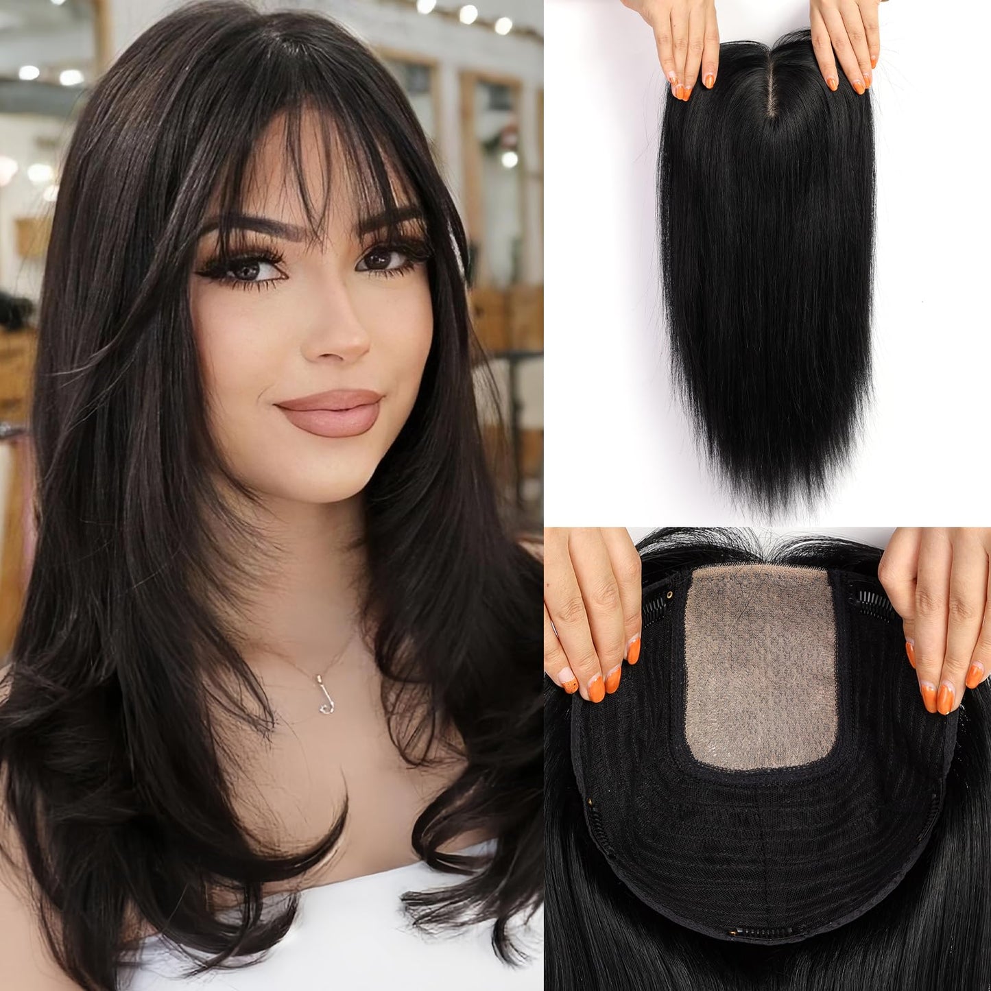 starluck 16 inch Hair Toppers for Women 9"*9" Large Base Real Human Hair Topper with Bangs Hair Toppers for Women with Thinning Hair Cover Grey Hair Roots Add Volume