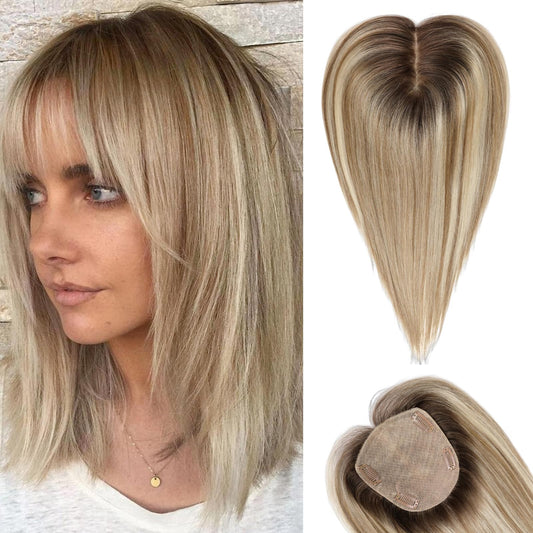 starluck Hair Toppers for Women with Bangs, 5"*5.5"Large Coverage 100% Real Human Hair Toppers for Women with Thinning Hair,Cover Gray Hair Roots