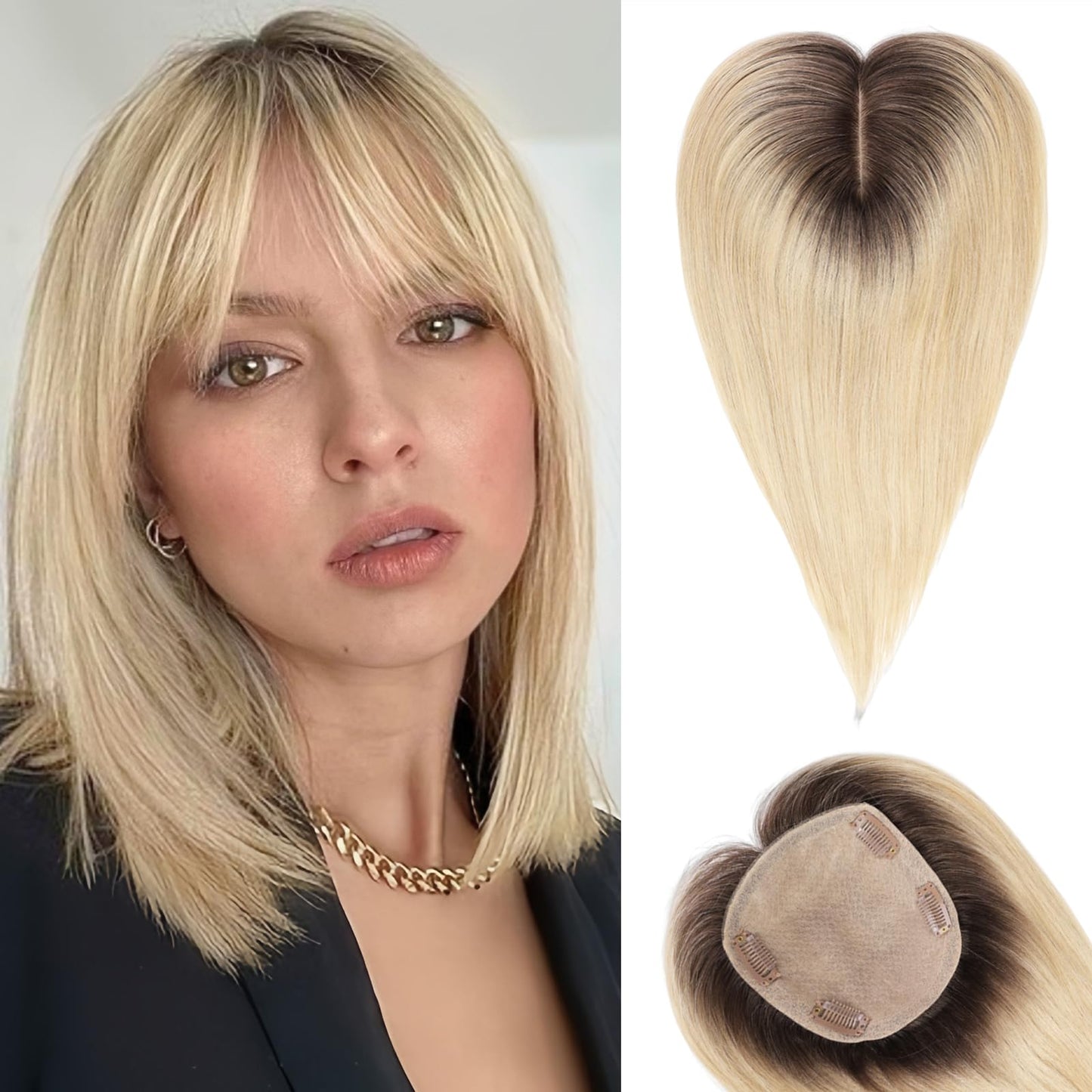 starluck Hair Toppers for Women with Bangs, 5"*5.5"Large Coverage 100% Real Human Hair Toppers for Women with Thinning Hair,Cover Gray Hair Roots