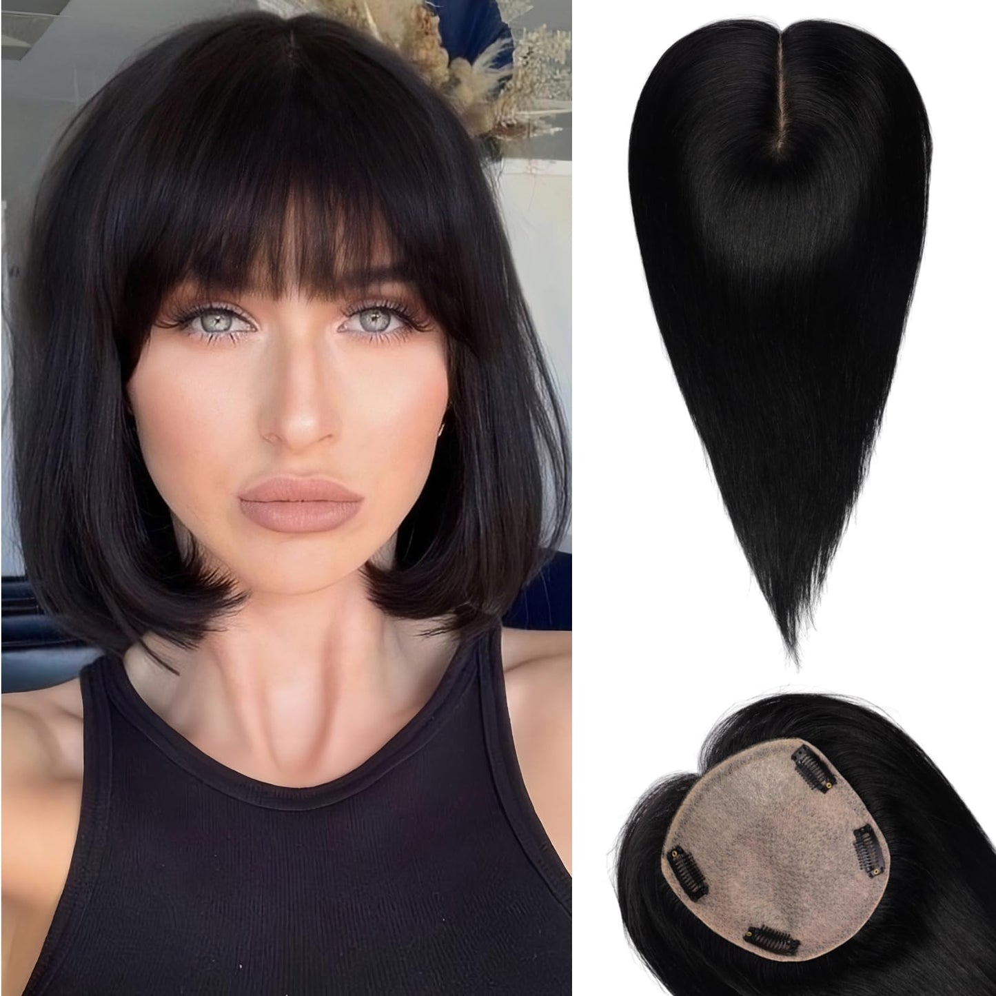 starluck Hair Toppers for Women with Bangs, 5"*5.5"Large Coverage 100% Real Human Hair Toppers for Women with Thinning Hair,Cover Gray Hair Roots