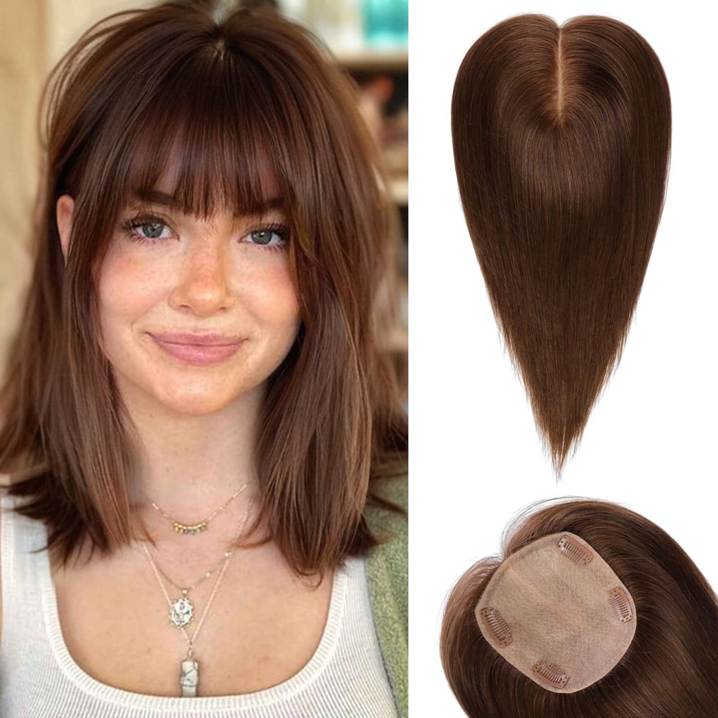 starluck Hair Toppers for Women with Bangs, 5"*5.5"Large Coverage 100% Real Human Hair Toppers for Women with Thinning Hair,Cover Gray Hair Roots