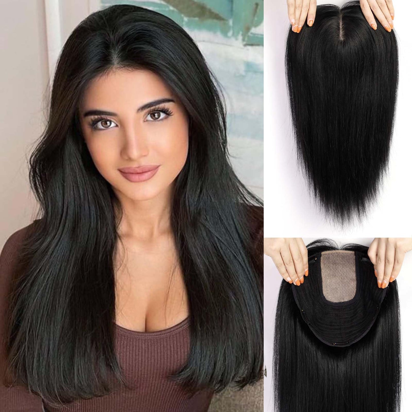 starluck 16 inch Hair Toppers for Women 9"*9" Large Base  Real Human Hair Topper No Bangs Hair Toppers for Women with Thinning Hair Cover Grey Hair Roots Add Volume