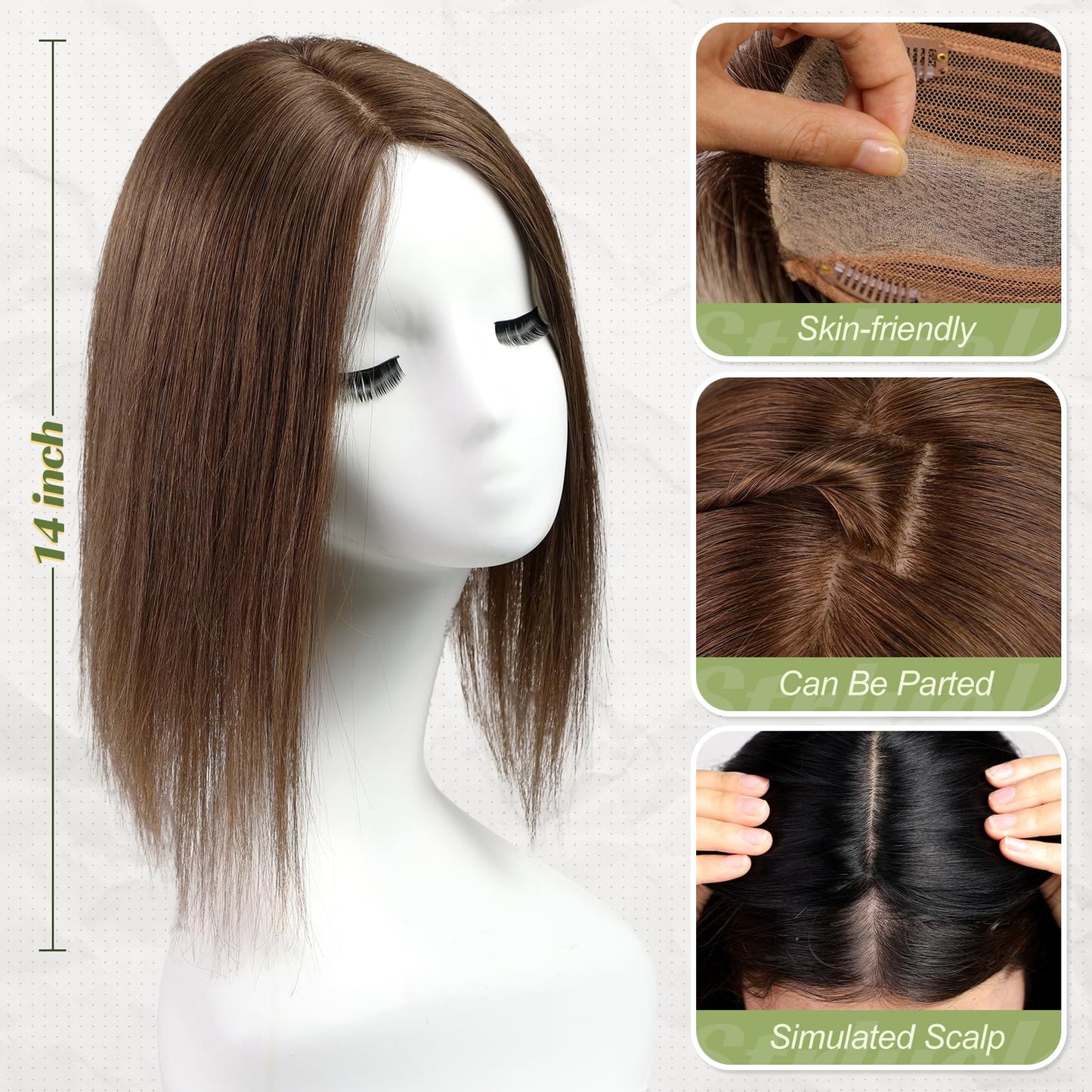 starluck Hair Toppers for Women 14 inch Real Human Hair Topper No Bangs 5"*5.5" Base Medium Brown Hair Toppers for Women with Thinning Hair Cover Grey Hair